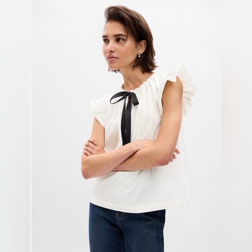 Gap White Short Flutter Sleeve Tie Neck 100% Cotton Top Size Small Shirt